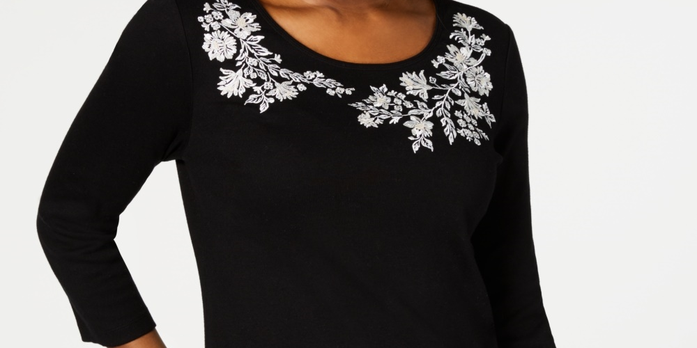 Karen Scott Women's Embroidered 3/4 Sleeve Top  Black Size PS