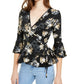 BCX Juniors' Wrap-Front Bell-Sleeve Top Black Size Small