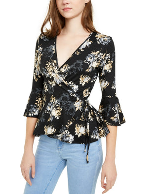 BCX Juniors' Wrap-Front Bell-Sleeve Top Black Size Small