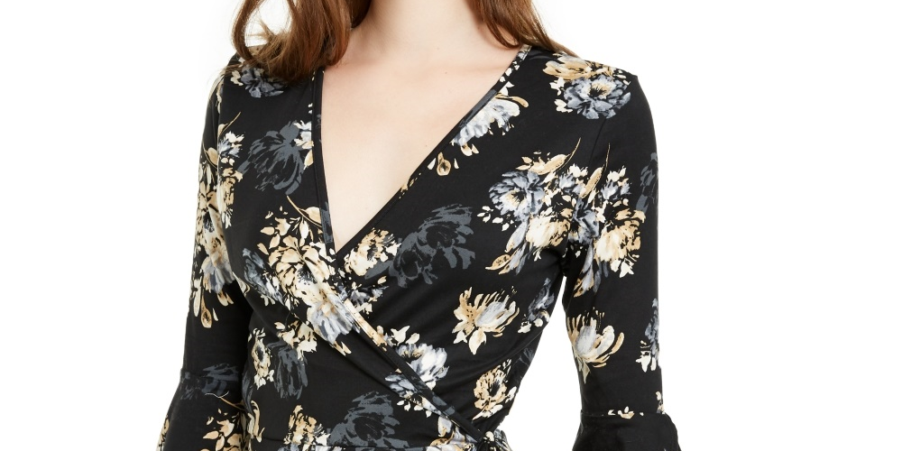 BCX Juniors' Wrap-Front Bell-Sleeve Top Black Size Small