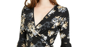 BCX Juniors' Wrap-Front Bell-Sleeve Top Black Size Small