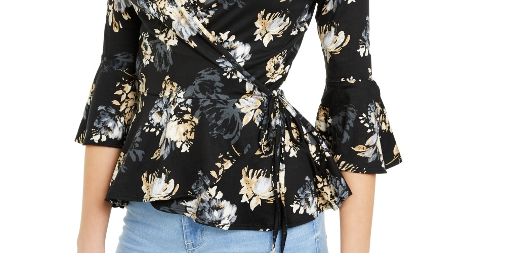 BCX Juniors' Wrap-Front Bell-Sleeve Top Black Size Small