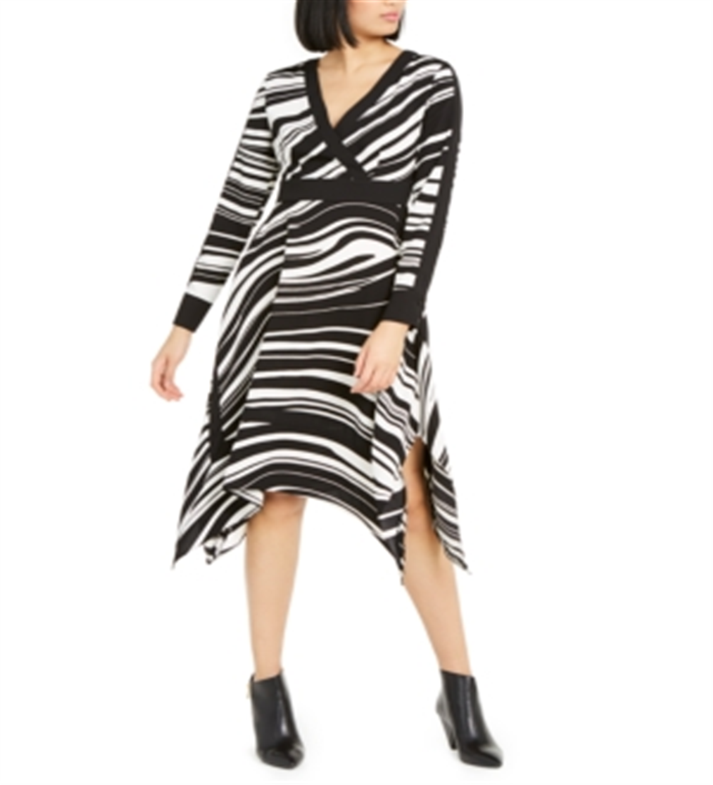 Alfani Women's Printed Handkerchief Hem MIDI Dress Black Size 4