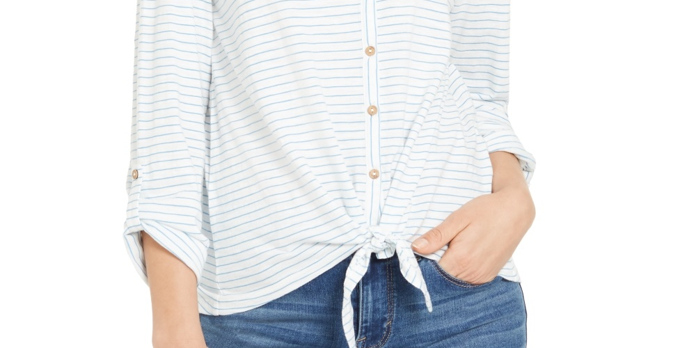 Style & Co Women's Striped Tie-Front Top White Size X Small