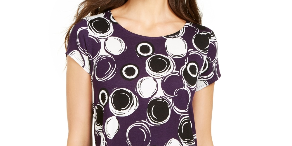 Alfani Women's Printed Round-Hem T-Shirt Purple Size Petite Medium