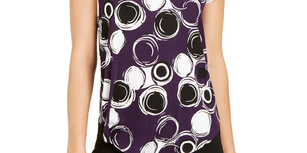Alfani Women's Printed Round-Hem T-Shirt Purple Size Petite Medium
