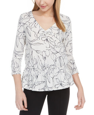 BCX Juniors' Sketch-Floral Crepe Top White Size Small