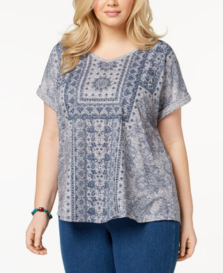 Style & Co Women's Plus Size Printed Cuffed Sleeve Top Blue Size 0X