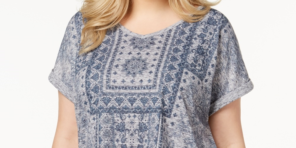 Style & Co Women's Plus Size Printed Cuffed Sleeve Top Blue Size 0X