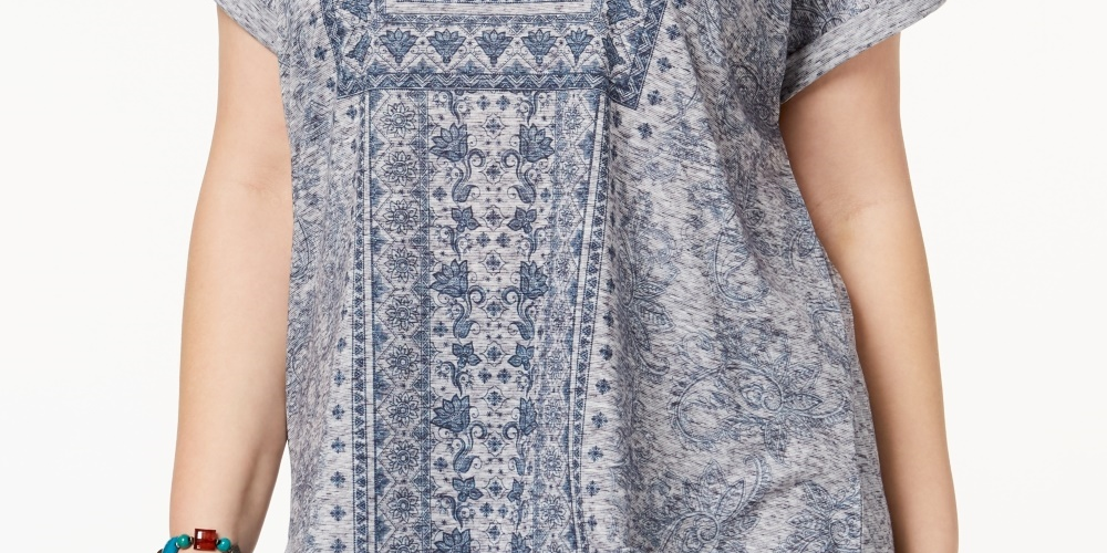 Style & Co Women's Plus Size Printed Cuffed Sleeve Top Blue Size 0X