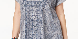 Style & Co Women's Plus Size Printed Cuffed Sleeve Top Blue Size 0X