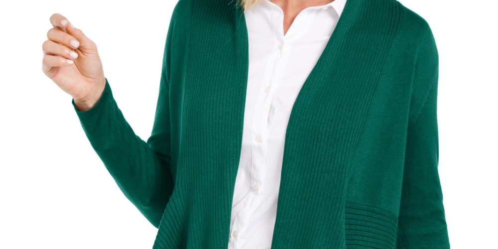 JM Collection Women's Ribbed Handkerchief-Hem Cardigan Green Size Large