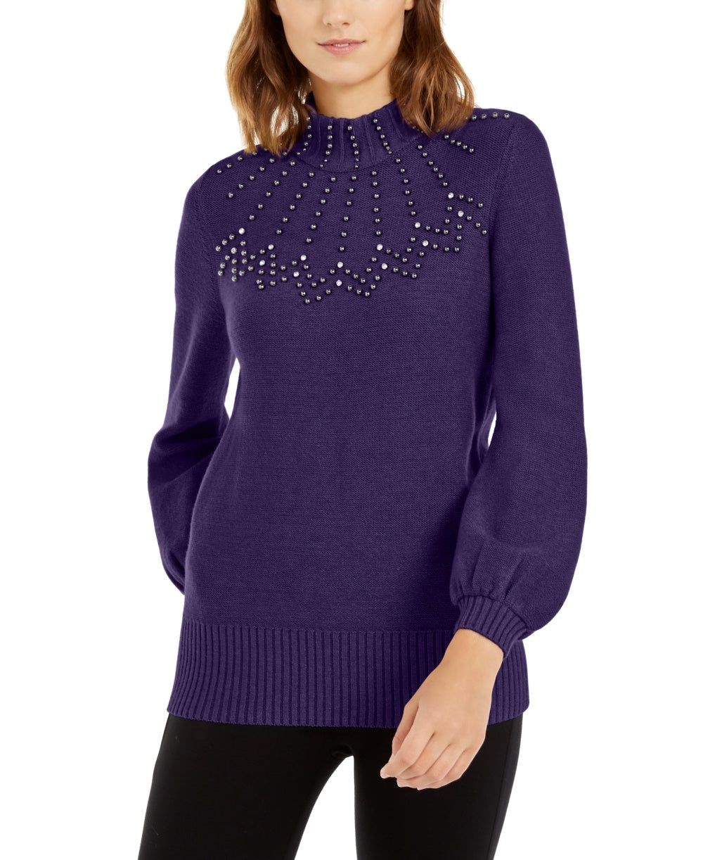 Alfani Women's Petite Mock-Neck Embellished Sweater Purple Size PL