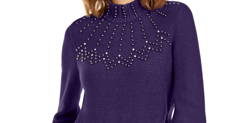 Alfani Women's Petite Mock-Neck Embellished Sweater Purple Size PL