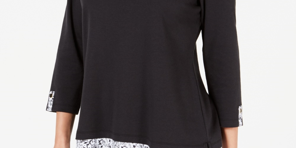 Karen Scott Women's Printed-Hem 3/4-Sleeve Top  Black Size X-Small