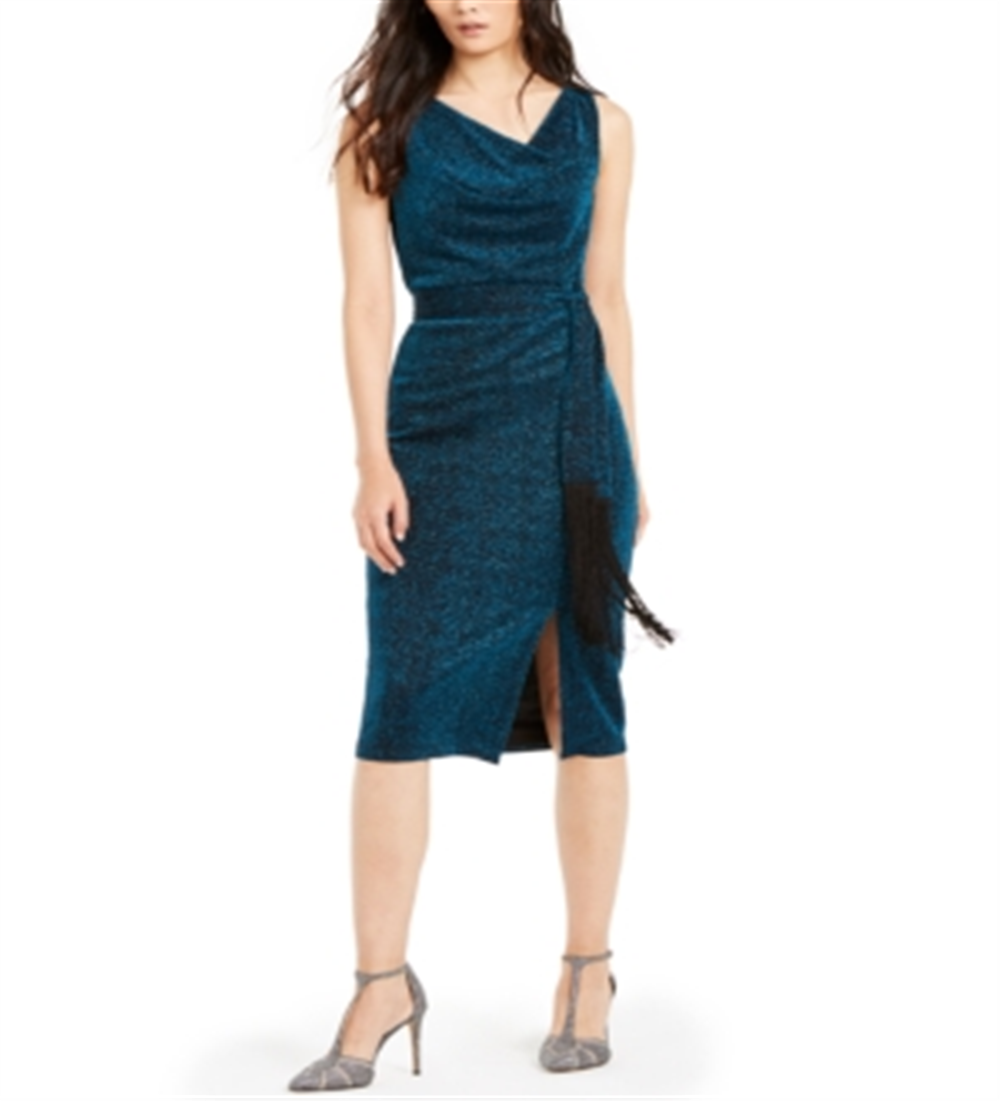 INC International Concepts Women's Belted Cowlneck Shimmer Dress Teal Size 2