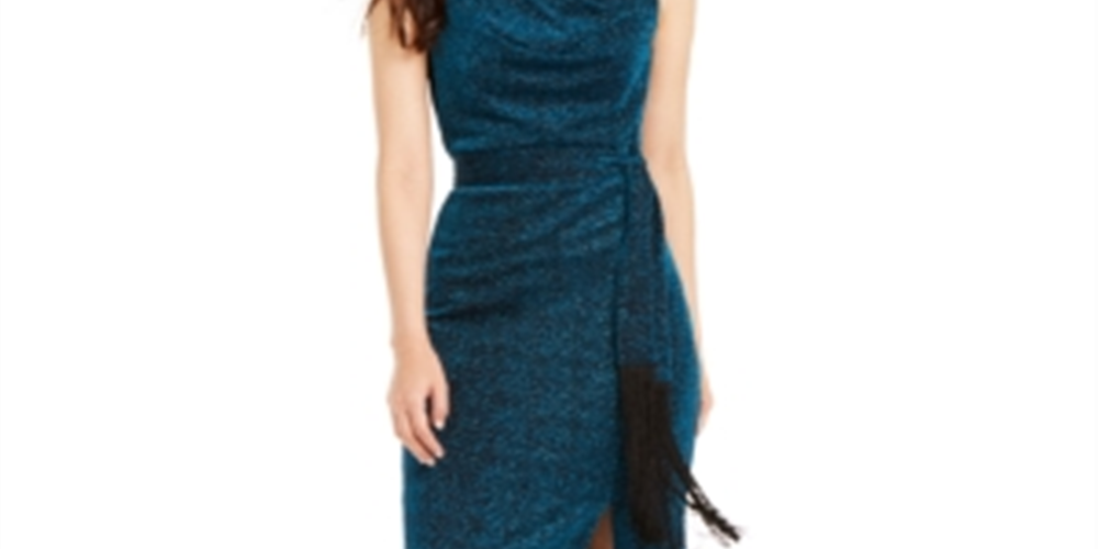 INC International Concepts Women's Belted Cowlneck Shimmer Dress Teal Size 2