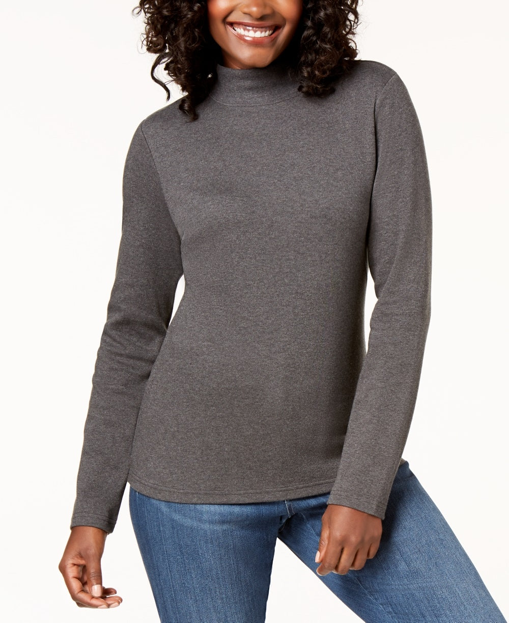 Karen Scott Women's Petite Long-Sleeve Mock-Neck Cotton Top Charcoal Size PM