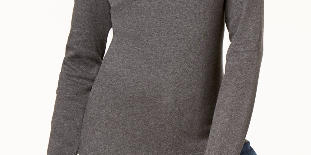 Karen Scott Women's Petite Long-Sleeve Mock-Neck Cotton Top Charcoal Size PM