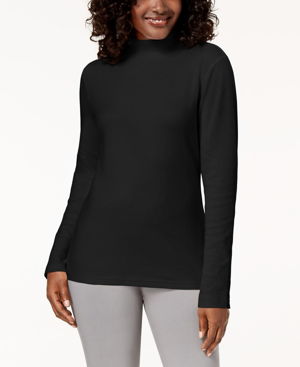 Karen Scott Women's Petite Long-Sleeve Mock-Neck Cotton Top Black Size PXL