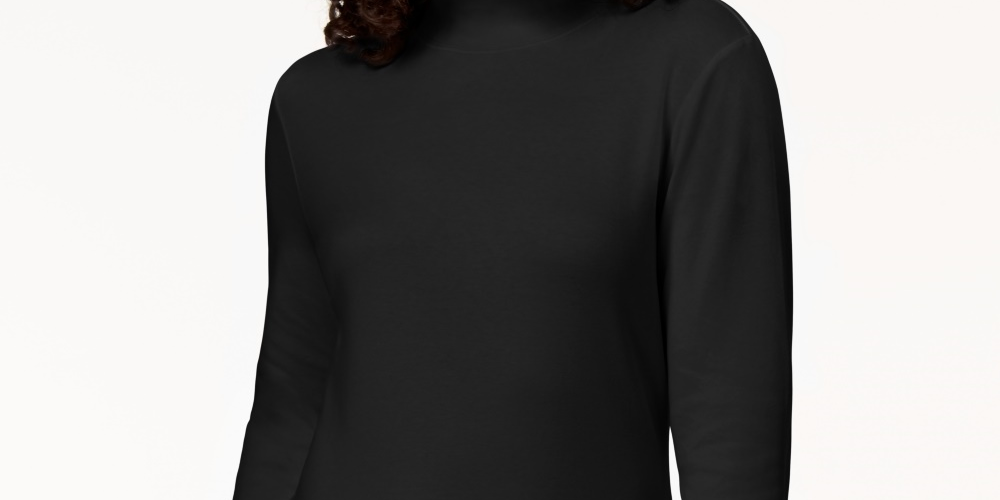Karen Scott Women's Petite Long-Sleeve Mock-Neck Cotton Top Black Size PXL