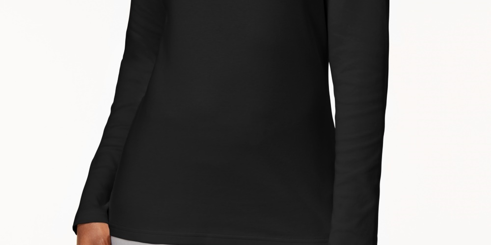 Karen Scott Women's Petite Long-Sleeve Mock-Neck Cotton Top Black Size PXL
