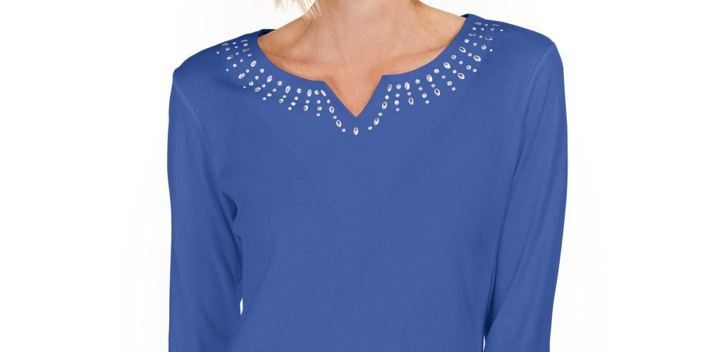 Karen Scott Women's Cotton Studded Split Neck Top  Blue Size Small