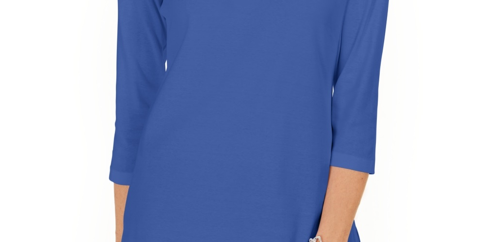 Karen Scott Women's Cotton Studded Split Neck Top  Blue Size Small