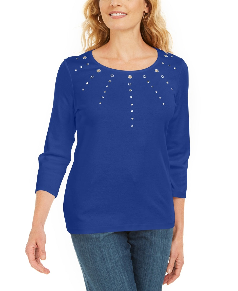 Karen Scott Women's Cotton Grommet Hardware Top Blue Size Petite Small