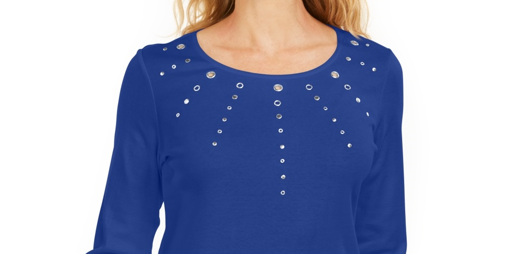 Karen Scott Women's Cotton Grommet Hardware Top Blue Size Petite Small