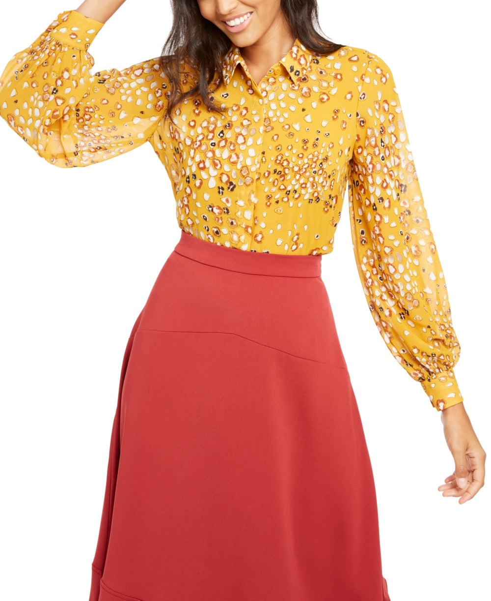 Alfani Women's Petite Animal-Print Shirt Yellow Size Small