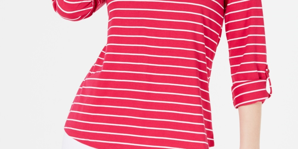 Charter Club Women's Striped Split Neck Top Moroccan Pink Size Petite Small