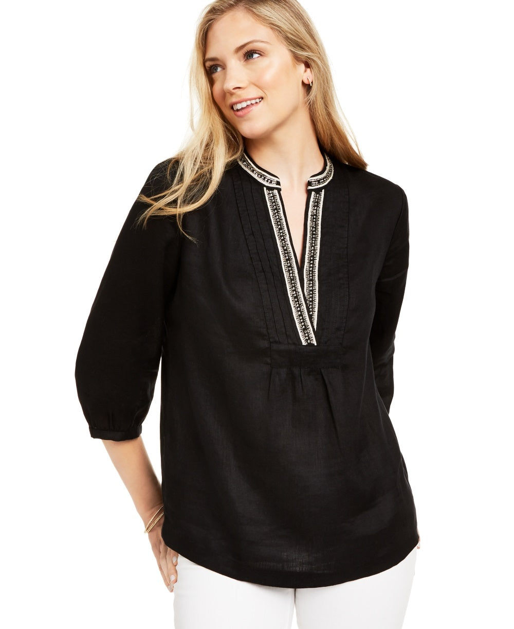 Charter Club Women's Embellished Neck Tunic Black Size Small