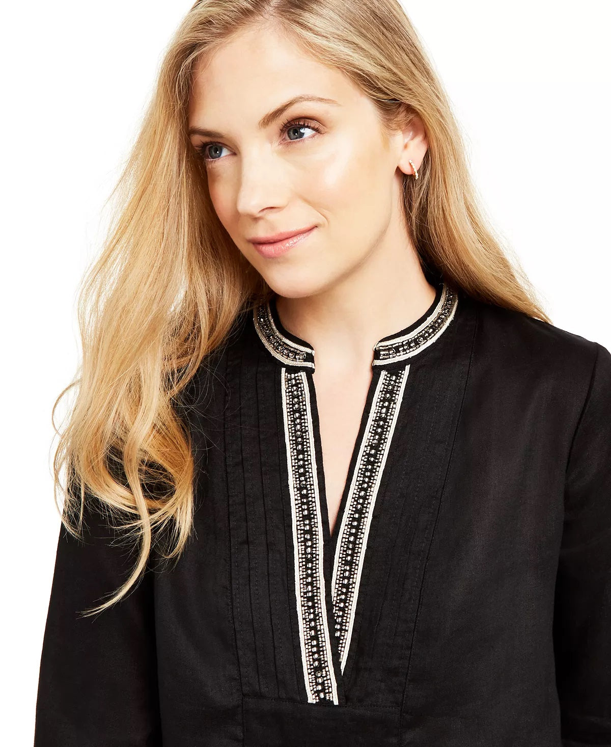 Charter Club Women's Embellished Neck Tunic Black Size Small