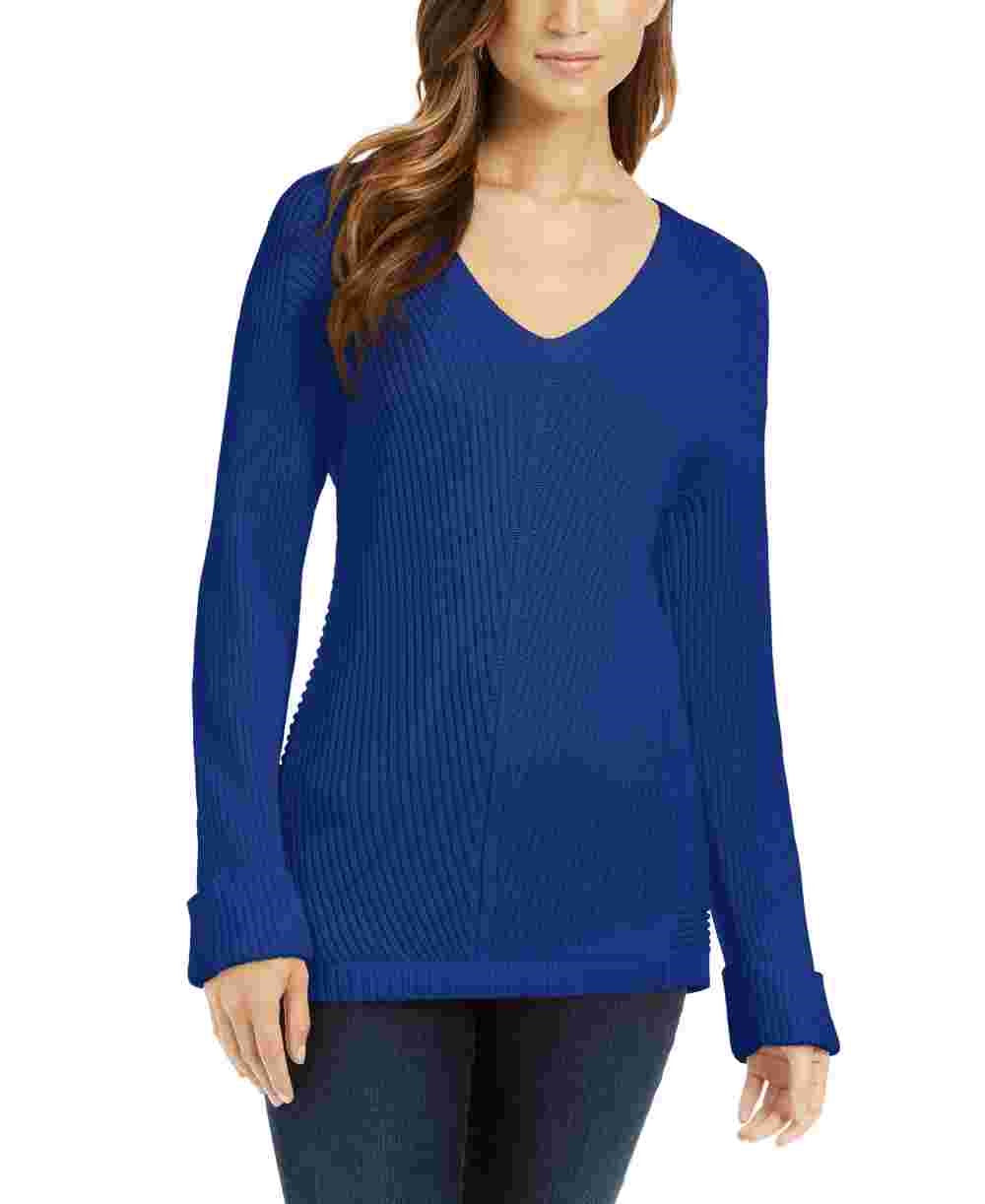 Charter Club Women's Cotton Textured V-Neck Sweater Blue Size Large