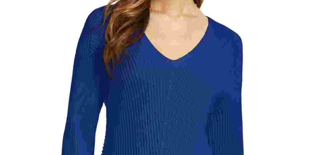 Charter Club Women's Cotton Textured V-Neck Sweater Blue Size Large