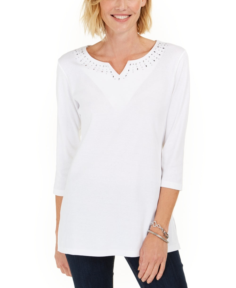 Karen Scott Women's Cotton Studded Split-Neck Top White Size Small
