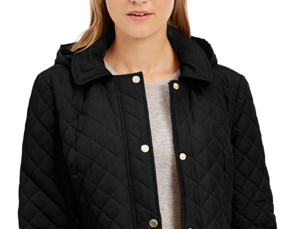 Charter Club Women's Quilted Leopard-Print-Trim Hooded Jacket Black Size X Large