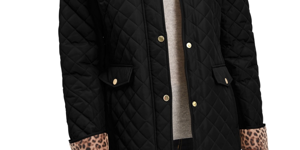 Charter Club Women's Quilted Leopard-Print-Trim Hooded Jacket Black Size X Large