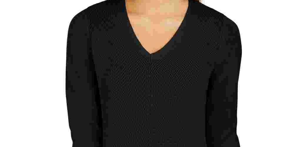 Charter Club Women's Solid Long Sleeve V Neck Sweater Black Size Petite Small