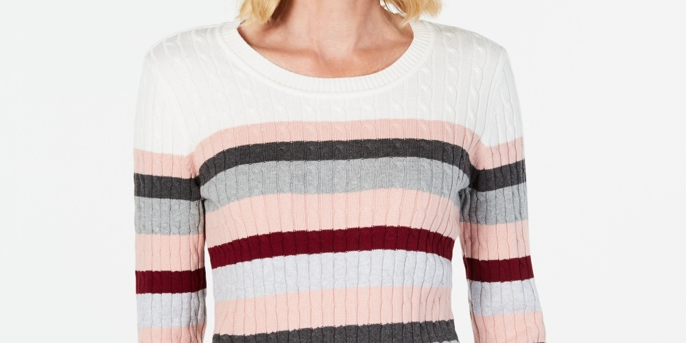 Karen Scott Women's Striped Cotton Cable Knit Sweater Red Size PS