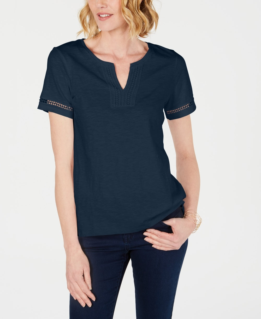 Charter Club Women's Split Neck Cotton Top Blue Size XX-Large