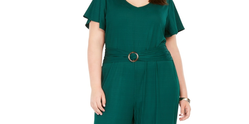 NY Collection Women's Plus Size Ribbed Belted Jumpsuit Green Size 2XP