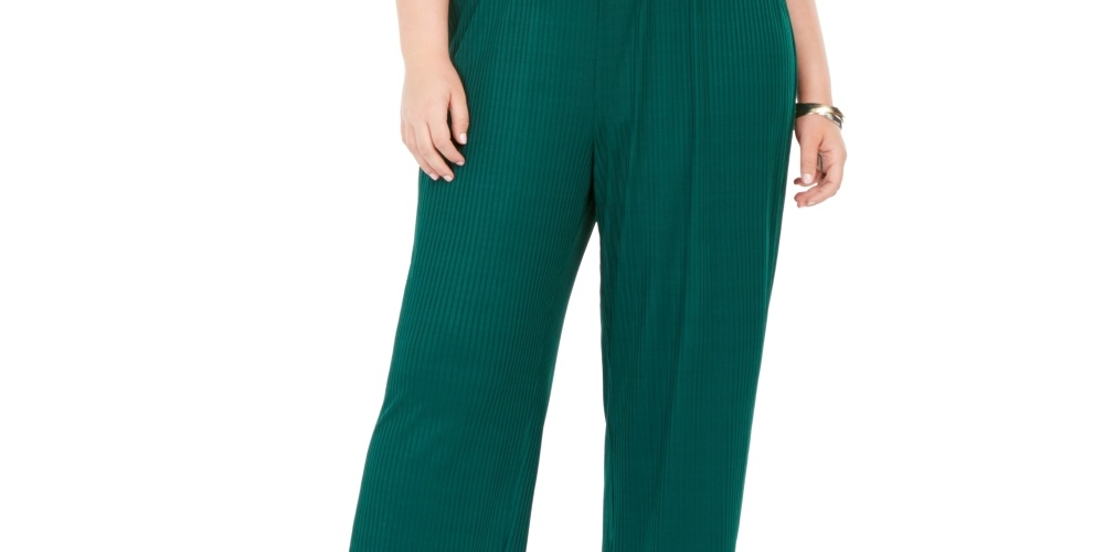 NY Collection Women's Plus Size Ribbed Belted Jumpsuit Green Size 2XP