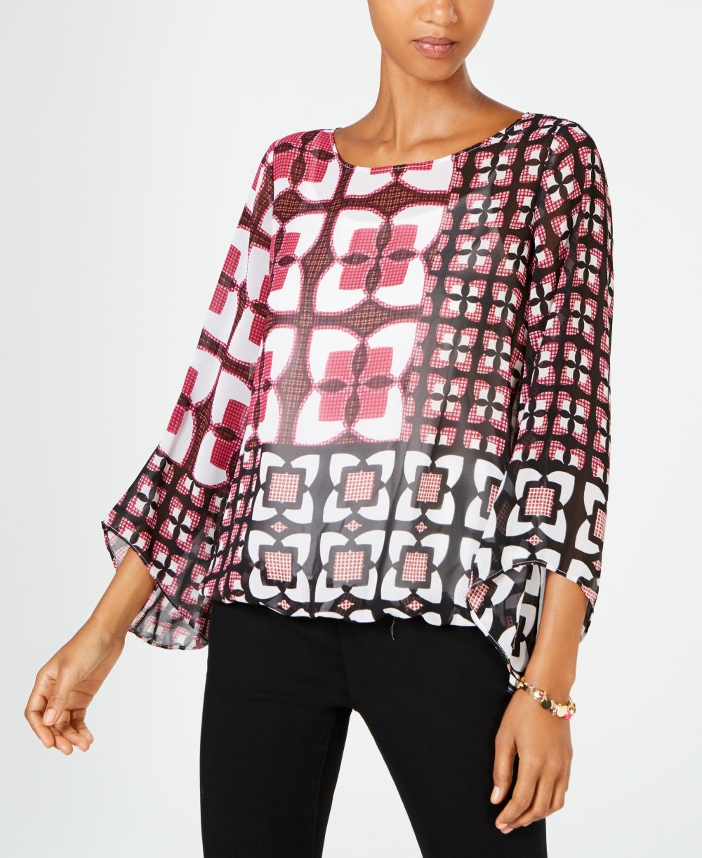 Alfani Women's Patterned 3/4 Sleeve Jewel Neck Top  Pink Size Petite Small