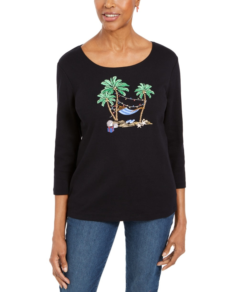 Karen Scott Women's Petite Embellished 3/4-Sleeve Top Black Size PL