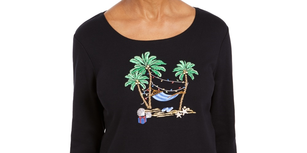 Karen Scott Women's Petite Embellished 3/4-Sleeve Top Black Size PL