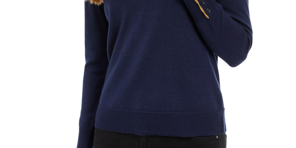 Charter Club Women's Merino Wool Button-Cuff Crewneck Sweater Blue Size Medium