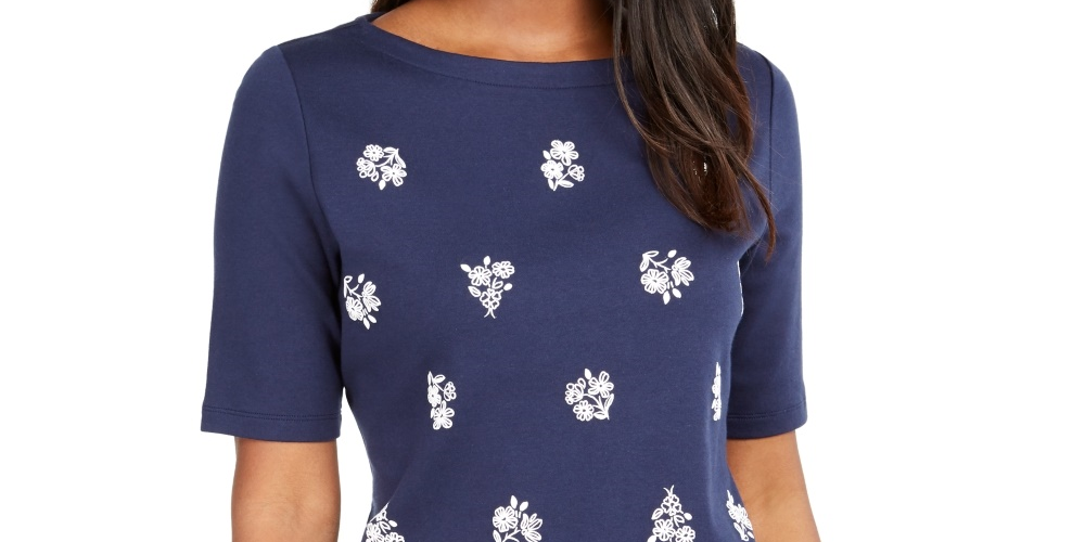 Karen Scott Women's Printed Scalloped Cotton Top Blue Size X-Small