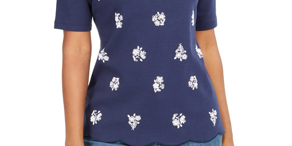 Karen Scott Women's Printed Scalloped Cotton Top Blue Size X-Small